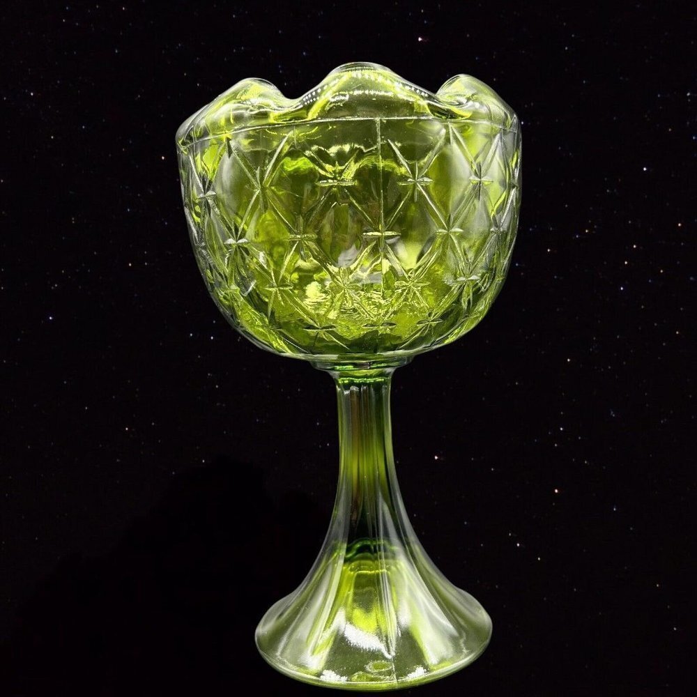 Indiana Art Glass Pedestal‎ Tall Cup Bowl Diamond Avocado Green Duette 9”T 5”W